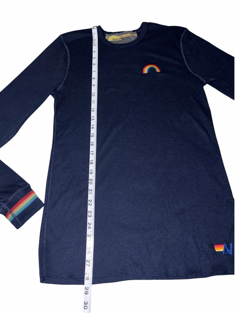 EUC Aviator Nation Embroidered Navy Thermal Tee Rainbow Cuffs Large Athleisure